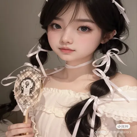 There&#39;s a woman with a hairbrush and a dress, Bela Delfina, Ulzzang, braids hairstyle, kawaii assustador, young pale ghost, with black braids, cosplay de  anime, fairy core, penteado twintails, magical lolita girl portrait, penteado kawaii, muito linda...