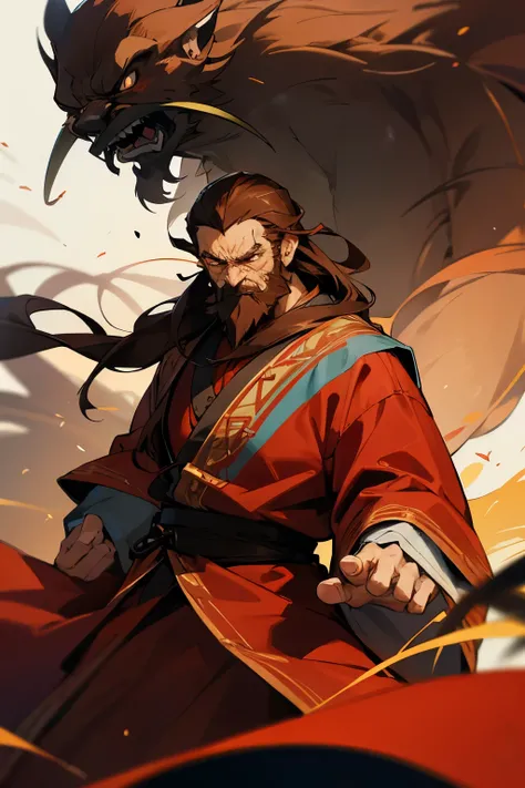 avatar,brown hair, blue shirt,red robe, earrings, old male, angry, brown eyes, sunlight, long beard,