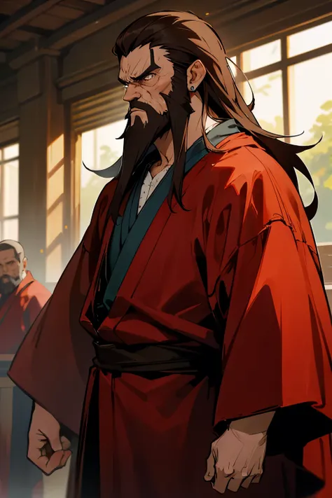 avatar,brown hair, blue shirt,red robe, earrings, old male, angry, brown eyes, sunlight, long beard, monster in background