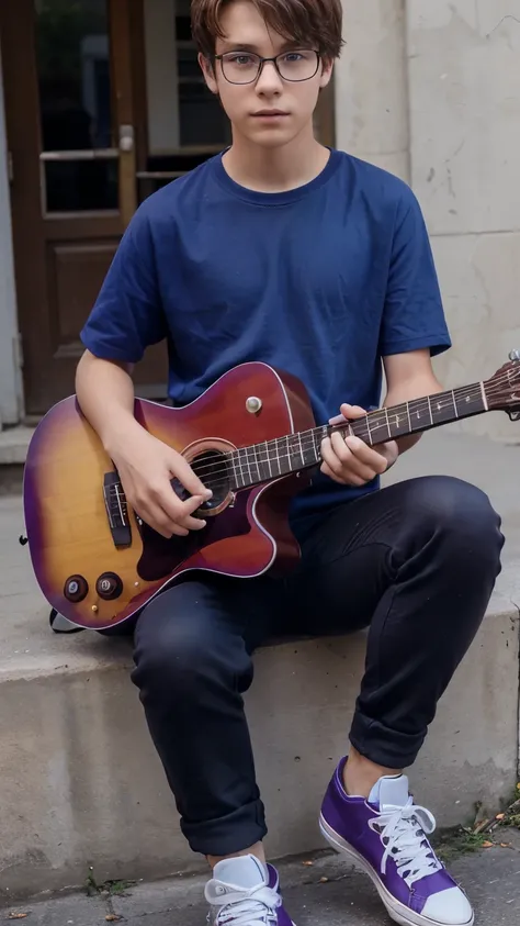 Teenager boy, age 16, brown short hair. Holding a guitar case, long t-shirt in purple with blue sleeves, black pants red shoes. Wears glasses

