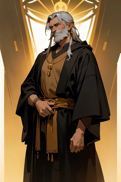 avatar,grey hair, golden necklace, golden shirt,black robe, earrings, old man, brown eyes, sunlight, long beard, royalty, black hood
