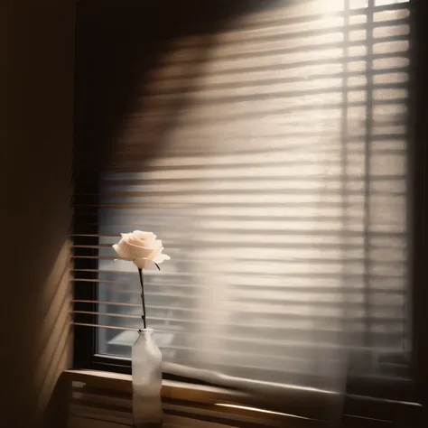 shadows of a window with a flower in a vase, soft light from the window, soft window light, melanchonic rose soft light, soft light through blinds, window light, soft light dull mood, afternoon sunlight, moody morning light, soft light from the side, light...