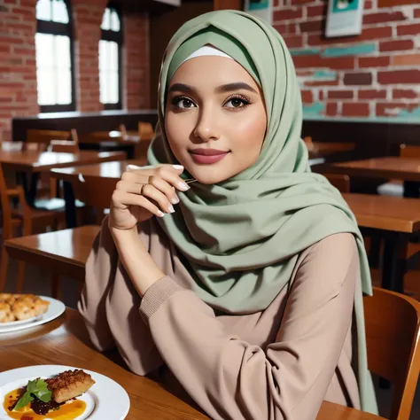 A young woman is sitting at a table in a restaurant, She is wearing a green dress and a beige hijab, She is holding a glass of tea in her right hand and is looking at the camera with a thoughtful expression on her face, There is a plate of food on the tabl...