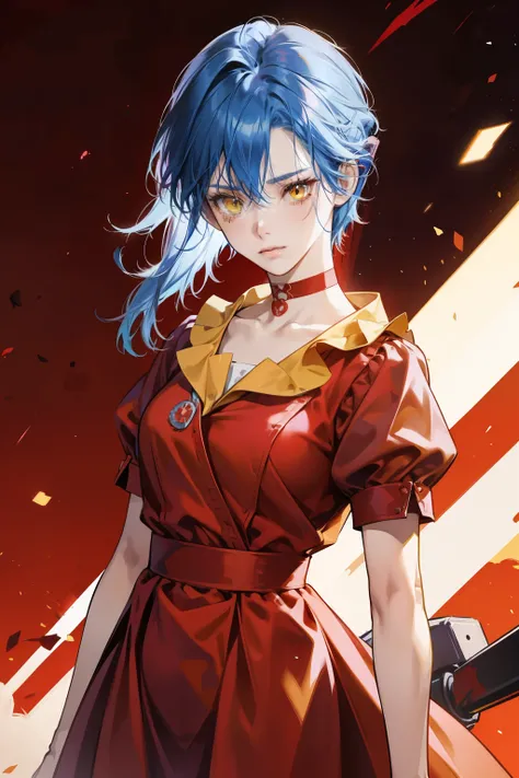 anime style, female character, (((red clothes))), (((blue hair))), short hair, purple choker, (((yellow eyes))), red maid uniform, samurai, detailed, 8k, high quality, emotional effects, anime style, worried, background of an entire empty world.