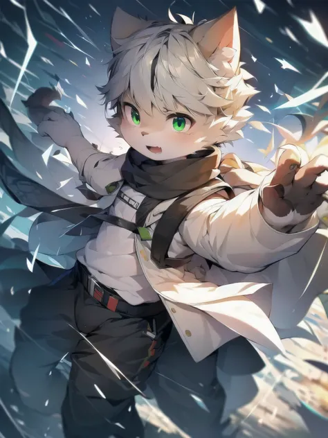 cat，gray hair and green eyes，and white coat color，horny boy，combat uniform，shorter pants, wind element，hairy，bullets are raining...