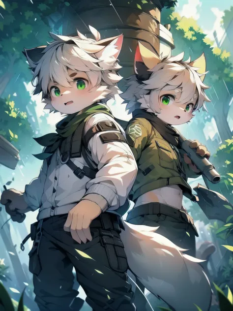 cat，gray hair and green eyes，and white coat color，horny boy，combat uniform，shorter pants, wind element，hairy，bullets are raining...