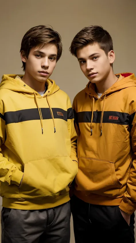 Twin brothers, age 16. Both of them have light brown hair. One of them is wearing a yellow hoodie and black pants. The other is wearing a red jacket and shorts