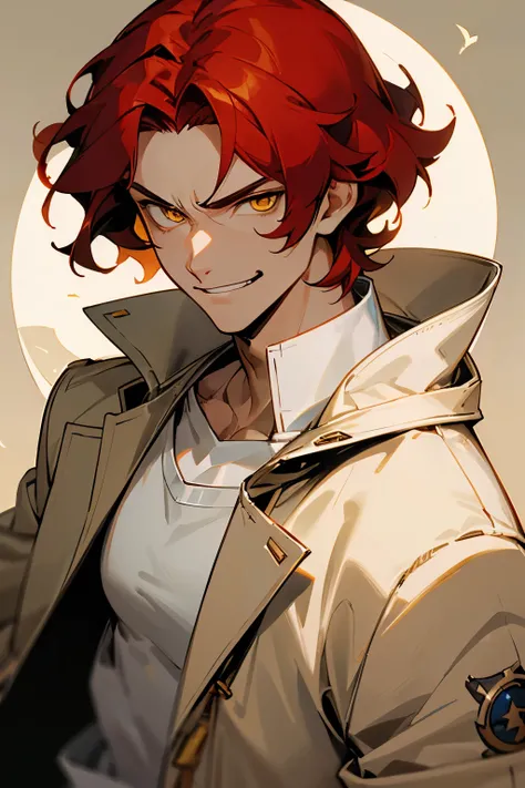 avatar,short wavy hair, white shirt,hazel jacket, young male, yellow eyes, moonlight, red hair,muscular,evil smirk