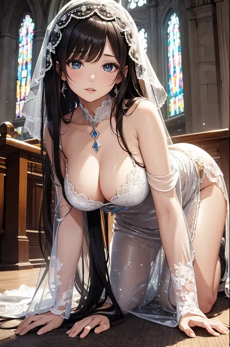 (High resolution), (Detail view), super detailed, masterpiece, (masterpiece, highest quality),(depth) of (field),  Liliana, have,veil, 1女of子, length_hair, Brown_hair, white_Clothes, ornaments, length_sleeve, church, green_eye,big_chest, chestof谷間ぽっちゃり, Plu...