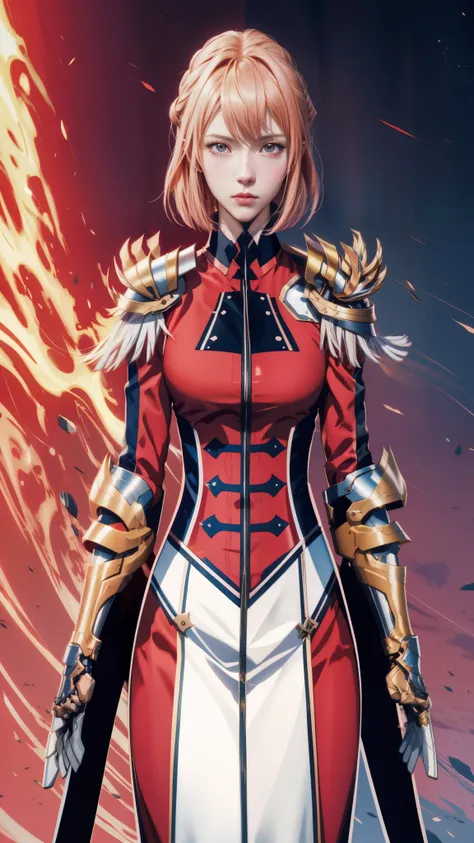 anime character with a sword and a red outfit, lady in red armor, red armor, inspired by li chevalier, female protagonist, femal...