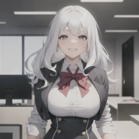 white hair girl, office lady outfit, cute smile