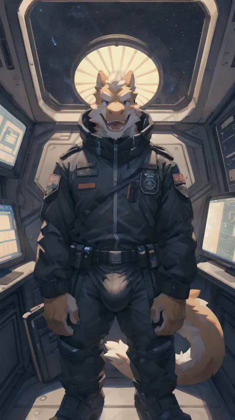 Solo, male, standing, by bigcozyorca, by goonie-san, by bebebebebe, by spikedmauler, facing viewer, pink tyrannosaurus, bushy tail, buff, spacesuit, space observation deck background, open mouth, detailed mouth, tongue hanging out, drooling, smirking, educ...