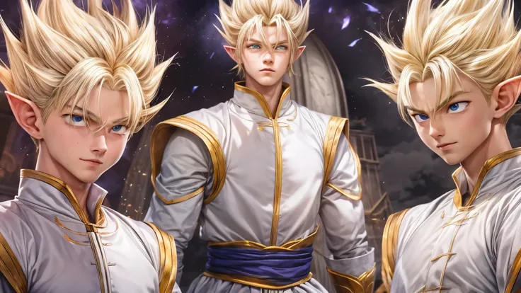 (master piece), 8k, best quality, elf boy, naïve, male, teenager, 14 years old, white skin, thin body, pointed elf ears, beautiful finely detailed silver eyes, high forehead, yellow blonde spiky hair like Gohan from the anime dragon ball (super sayajin), I...