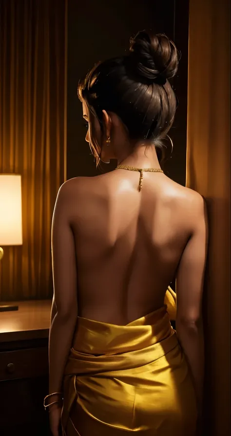 Sexy woman who is wearing a backless blouse and a saree and hair tied in a bun, tiny room, dark room, one lamp, sweaty, pleasure