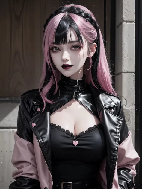 (1 girl, goth), woman, goth hairstyle, goth punk clothing, smug, grin, outdoors, black lips, black hair with pink streaks, bangs...