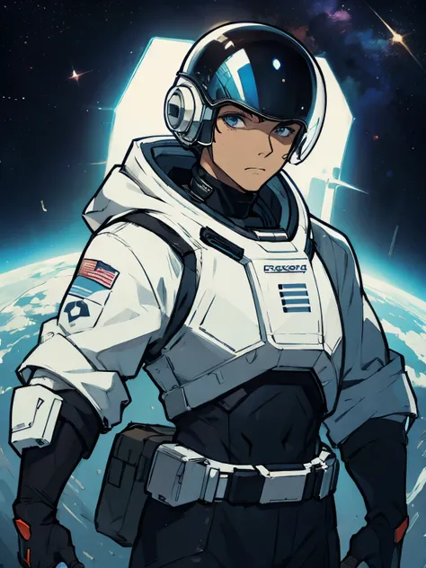 (human man:1.5), (futuristic space suit:1.2), (closed helmet:1.2)