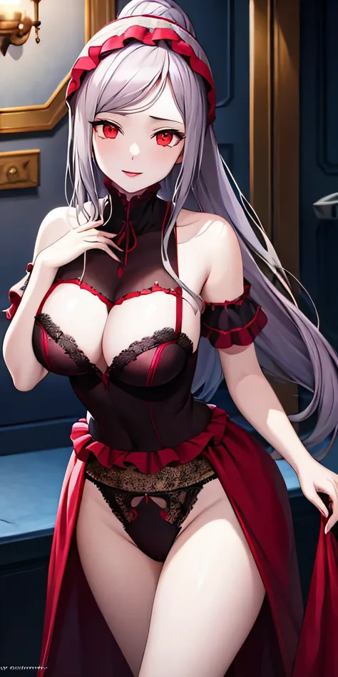 masterpiece, best quality, ShalltearV4, 1girl, pale skin, glowing, glowing eyes, portrait, vampire, sexy underwear