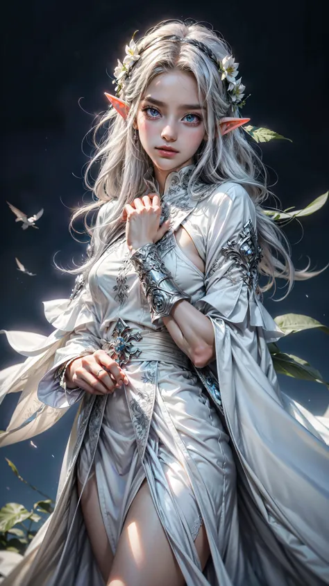 Purple detailed eyes, detailed face, detailed hands,full bodyesbian。White rune robe。White color hair。Kizi。Castle background。tmasterpiece。Two-dimensional wind。best qualtiy。Detail 1.4。Sideslit。the elf。ssmile。Caress the flowers and plants。squatt。sideface。big ...