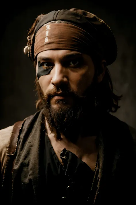 the head of a pirate with a photorealistic beard with an eye patch with a dark background