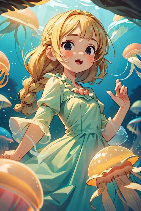 ((Masterpiece)), ((best quality)), (Professional Photography:1.2), (High Definition:1.3), 1princess, ((12 years old)), Castle in the Sea, (jellyfish costume dress:1.4), jellyfish girl, smile, open mouth, (cute posing), (blonde hair:1.3), medium hair, (soft...