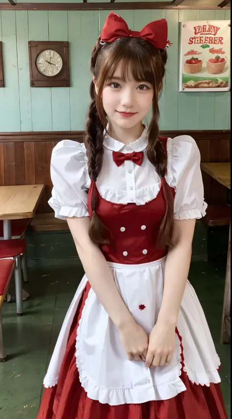 promo photo, the place is a seaside cafeteria，1 girl, 16-year-old face, waitresses, red-headed twin-tailed, gentle face, gothic ...