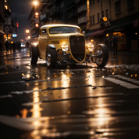 Necessidade de velocidade, Hot Rod amarelo, correndo pela rua molhada, quase, spreading water on the street, Lightning and lightning in the sky, chuva, hyper realistic, motion blur, blurry background, altamente detalhado, divine proportion, (((Enquadrado))...