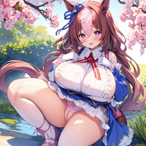 masterpiece, highest quality, 1 girl, small ,young mayshoudou, blue skirt, shirt, horse tail, blue clothes, blue ear ribbon, ribbon, white legwear, frilled shirt collar, white gloves, pink hair band, Shoulder bag,smile,blush,sit with legs apart,lace pantie...