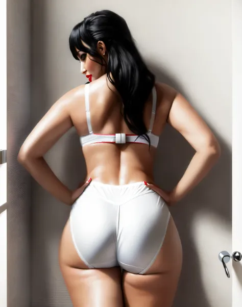 ((((masterpiece, best quality)))), ((33 year old)), (((Curvy))), ((Latina with long black hair)), in ((white bra)), ((white fullback panties)), ((Red lipstick)), ((Standing in a bathroom)), (back facing the camera), (((realistic art style)))