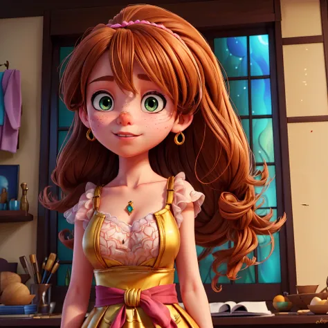 ((ultra detailed)),((Bright eyes)), (Detailed eyes) , blink blink, (The Little Faux Freckles Makeupgirl), ((ultra realistic skin)), ((ultra sharp focus detailed 2 straps on the shoulders of dress)) , ((shiny facial skin)), with colorful hair and a colorful...