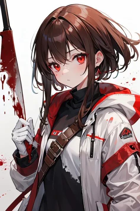 A Girl, with brown hair, red eyes, white coat dirty with blood, a rusty knife in hands.