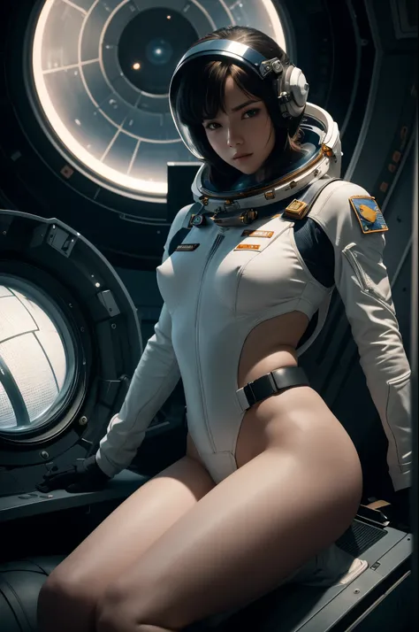 erotic photo shoot of a young cosmonaut on a space base, candid photos, full nudity, photorealistic, skin defects, complex textures, sharp shadows, cinematic frame, spectacular lighting, ray tracing, soft lighting, 8k UHD, SLR camera, high quality, film gr...