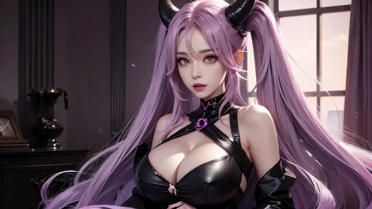 A succubus mommy with long light purple pink hair, black horn in the head, beuty detailed face, detaile face, good quality, perfect big booba, wearing a black dress