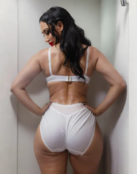 ((((masterpiece, best quality)))), ((33 year old)), (((Curvy))), ((Latina with long black hair)), in ((white bra)), ((white fullback panties)), ((Red lipstick)), ((Standing in a bathroom)), (back facing the camera), (((photo realistic)))