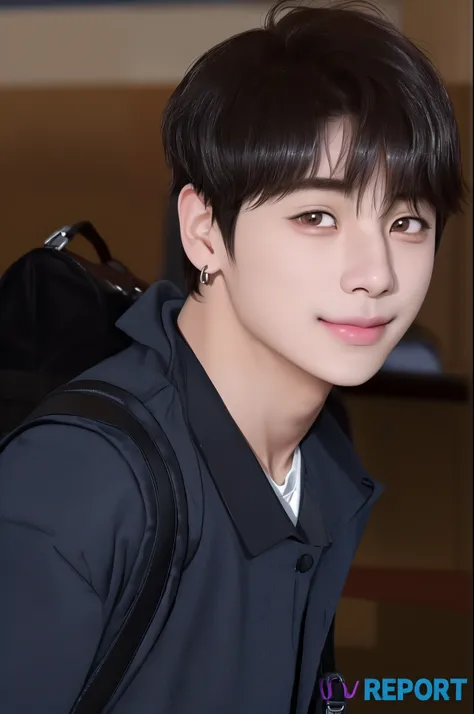 Un primer plano de una persona con una mochila y una mochila, jungkook,  taken in the early 2020s, jeon jungkook, BTS, ironic smile, pale korean adorable face, , Mirada inocente, jungkook de pelo negro