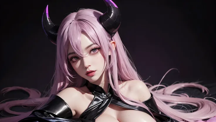 A succubus mommy with long light purple pink hair, black horn in the head, beuty detailed face, detaile face, good quality, perfect big booba, wearing a black dress