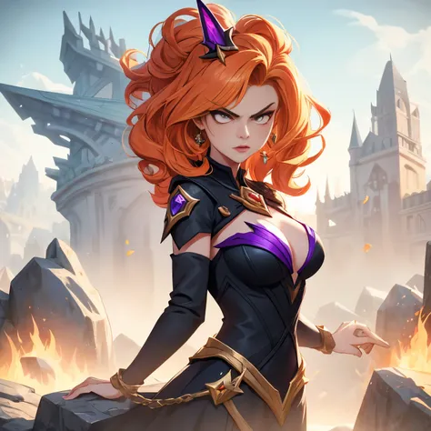 (best quality), (masterpiece),a close up of a cartoon girl in a black and purple dress standing on a stone path, legend mage girl character, stunning arcanum backdrop, in hearthstone art style, style league of legends,  character splash art, curly orange h...