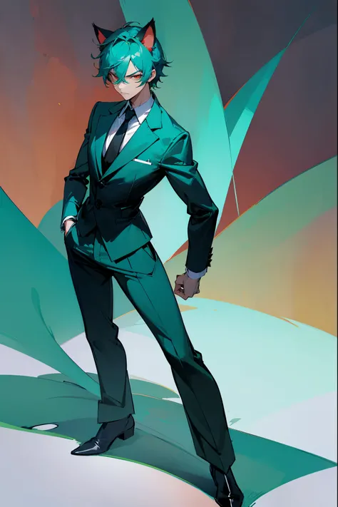 1male, teal, teal hair, cat boy, cat ears, teal skin, white and black suit, pant suit, red eyes, (guild hall background), detailed background, standing on path, arms crossed, serious expression, lean, muscle