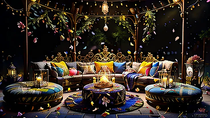 an outdoor setting with decor for an indian mehndi ceremony. floral decor, candles, garland. large bowls with orange tumeric pow...