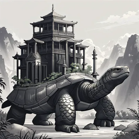 masterpiece, best quality, ultra-detailed, lineart of a turtle carrying an ancient city on its back, sketch style, black and whi...