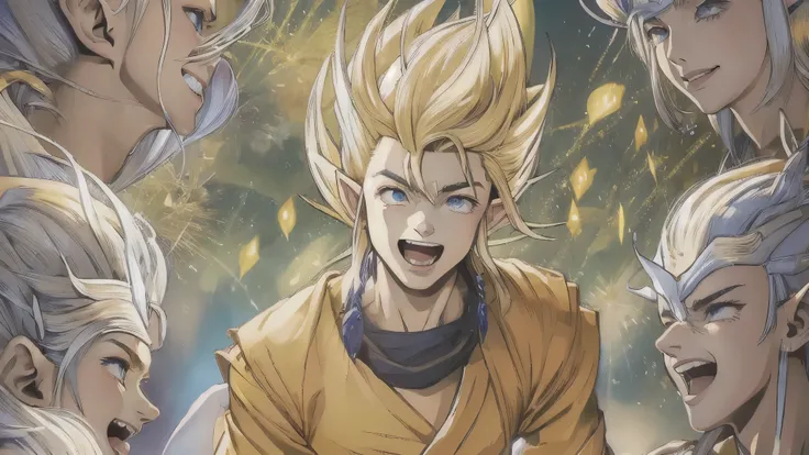 (master piece), 8k, best quality, elf boy, naïve, male, teenager, 14 years old, white skin, thin body, pointed elf ears, beautiful finely detailed silver eyes, high forehead, yellow blonde spiky hair like Gohan from the anime dragon ball (super sayajin), I...