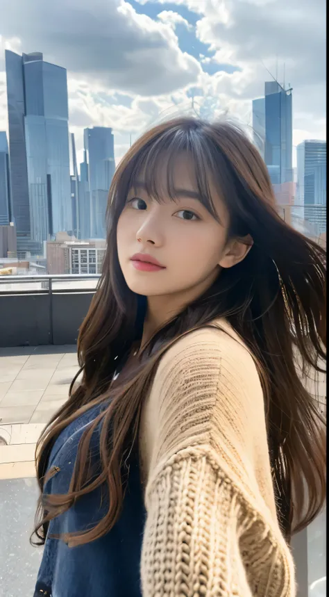 (solo:1.3)、1 girl takes selfie in best quality、Captures every realistic detail of your photorealistic masterpiece。Very delicate and beautiful look、She is posing with her long hair flowing over her shoulders with the cityscape in the background.。The afterno...