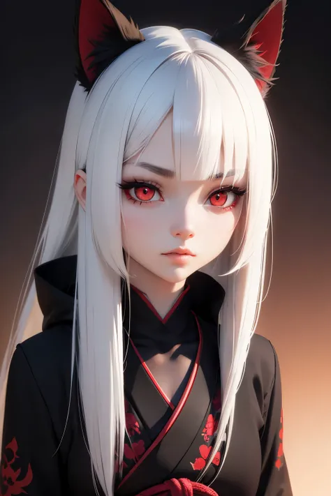 Japanese Evil dark girl Darkening girl, with straight white hair and red eyes, with cat ears, realistic 3D, dark