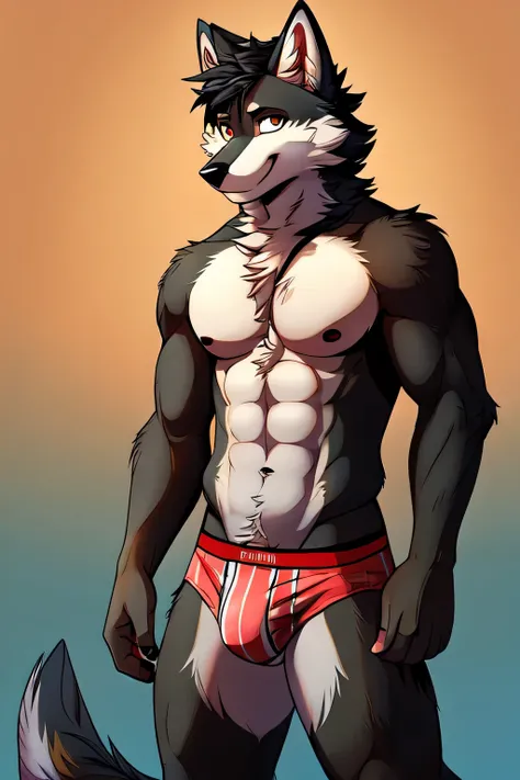 furry animal anthropomorphic wolf shirtless alone in underwear simple digital art 
