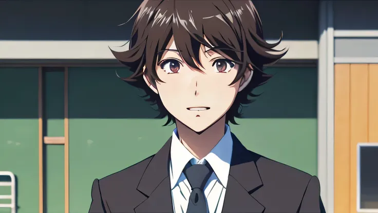 Anime character in suit and tie standing in classroom, fukaya yuichiro, Makoto, anime youth, Makoto shinka, anime male characters, sayori, wataru kajika, he has short brown curly hair, anime moe art style, Kosuke Ono, anime handsome man, shinkai Makoto, ts...