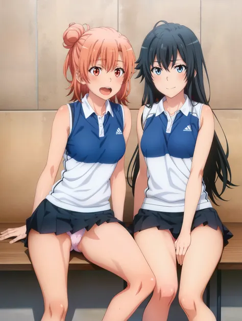 2 girls , sports meeting,Yukinoshita Yukino , (full breats Yuigahama Yui ), physical education sitting , (Sole of foot 1.0),Tennis Wear,,mini tight skirt,(Pussy cameltoe in panties:1.0),(Peach-colored panties:1.0),