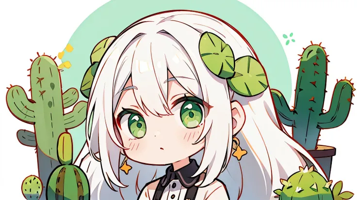 Chibi White hair and Green eyes long hair with a cactus with cute face