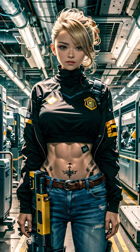 （tmasterpiece，best qualityer），1 girl，blond hairbl，A-line hairstyle，Body，arms crossed behind back，LED panel lights are arranged in a square manner，Imitates existing interior lights，Dystopian slums，Police weapons are controlled by local gangs equipped with h...