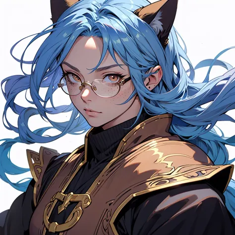 medieval anime art, masterpiece, best quality, by professional artist, female, solo, portrait, detailed composition, detailed eyes, (((white background))), cat ears, blue hair, brown eyes, freckles, glasses, wearing bronze magician cloak