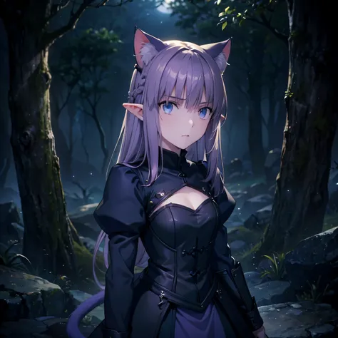 girl with elven ears, dark colored hair between blue, purple, four cat eyes, black bone tails with a stinger tip