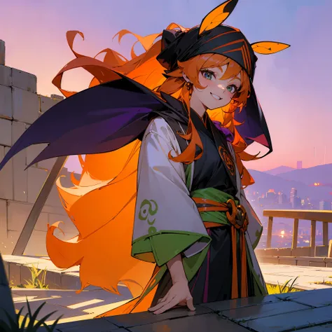 1female , Orange Hair ,Long Wavy Hair, Black Sunglasses , Unique Clothing , Robes , Martial Arts Clothing , Standing on concrete path , Green Grass , Purple Sky , Smiling Expression , Antennae , Black Turban 